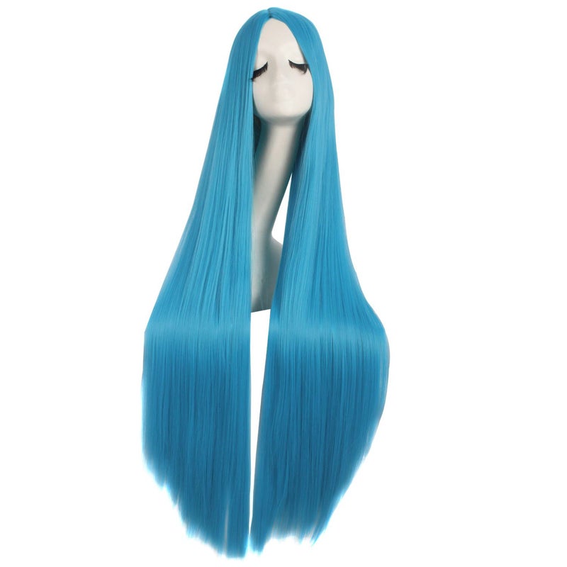 MapofBeauty 40 Inch/ 100 cm Carve Long Straight Cosplay Party Wig (Cyan Blue) - Image 1